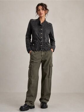 Steilmann vtg Charcoal Gray Button Military utility Jean Jacket embroidered